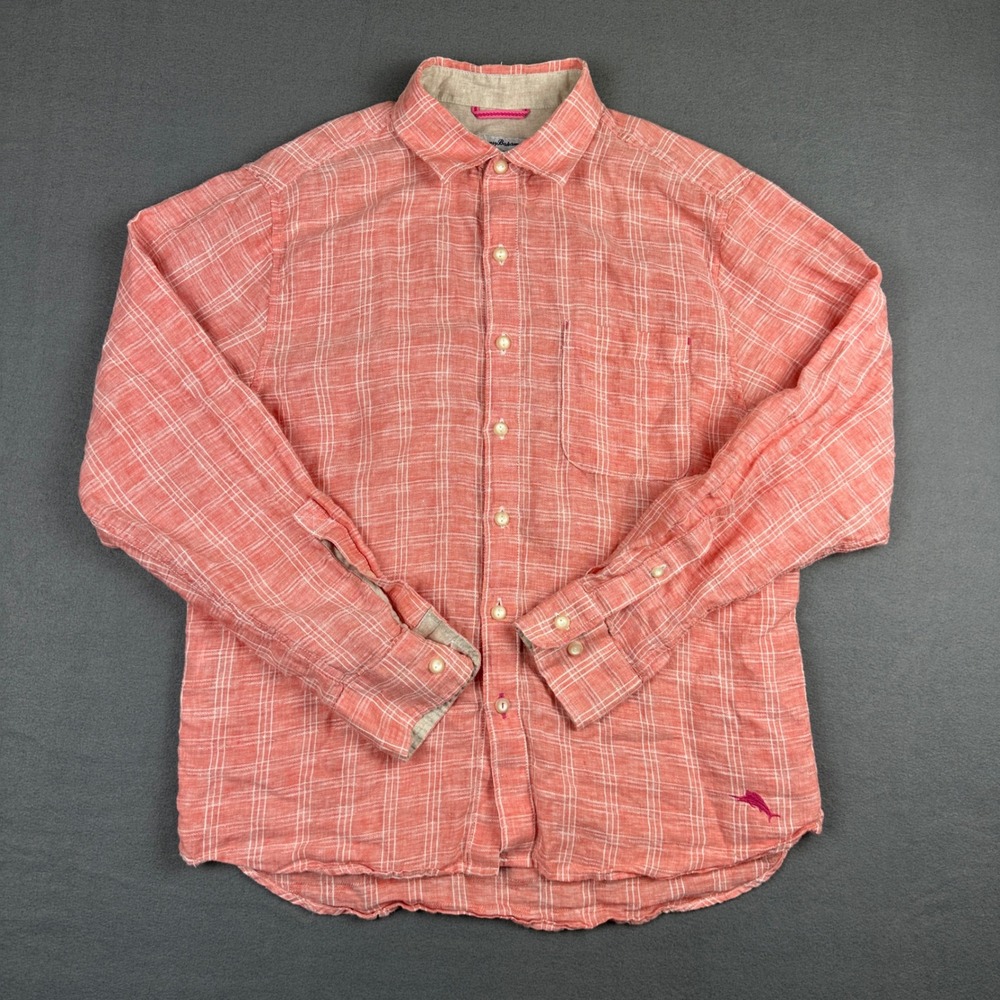 Tommy Bahama Mens Orange Plaid 100% Linen Long Sleeve Button Up Shirt Medium